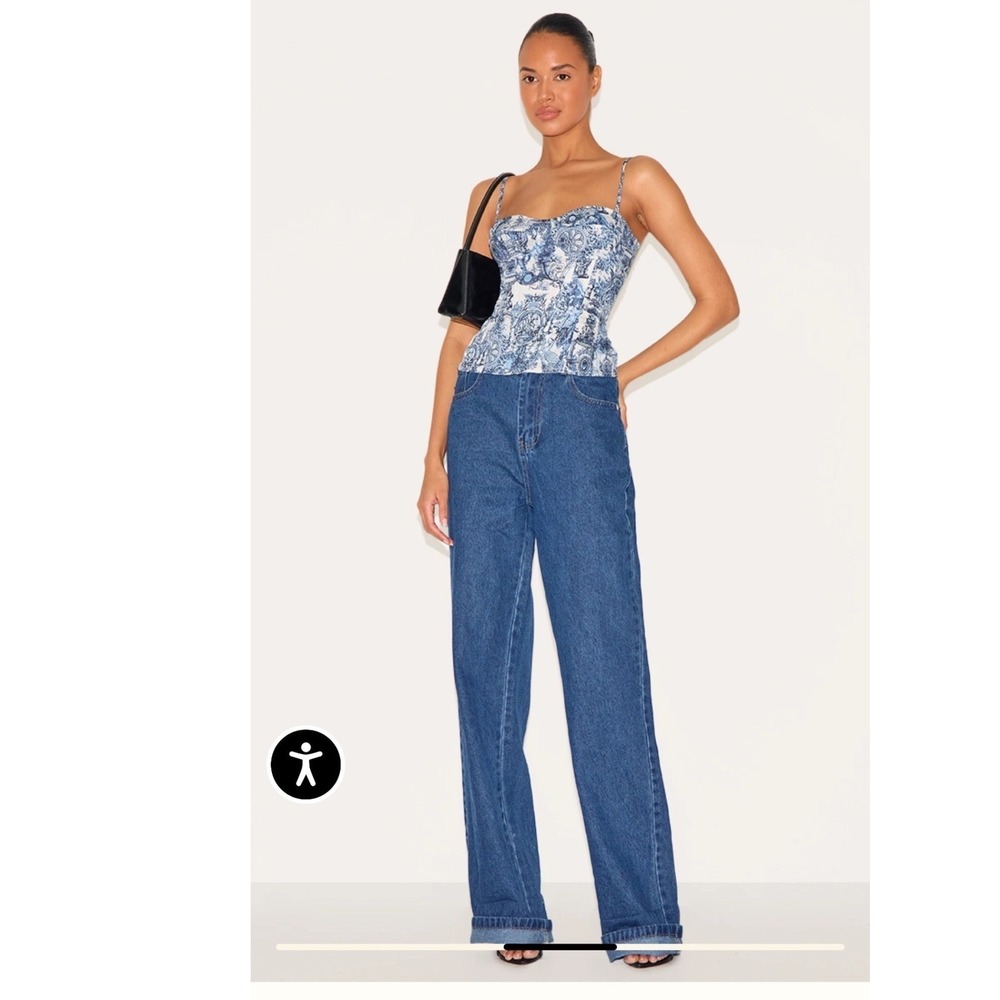 PrettyLittleThing Blue Renaissance Toile Print Corset Top Zip back coquette chic - Picture 3 of 8